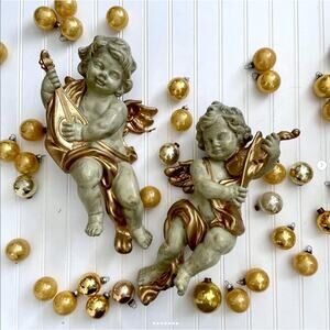 Vintage Baroque Style Cherub Angel Wall Hangings Resin Plastic Instrument PAIR